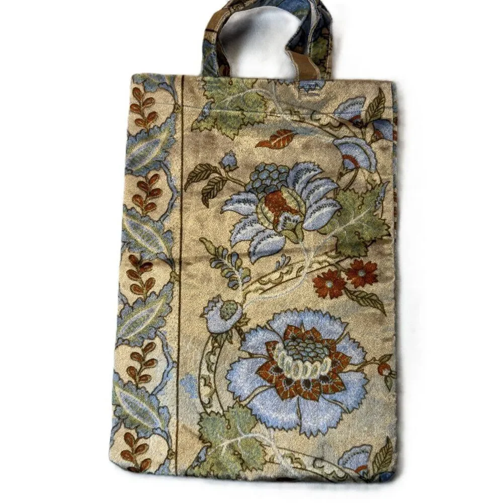 Handmade Velvet Floral Tote Bag Blue Gold Tapestry Mini Shopper Vintage Look